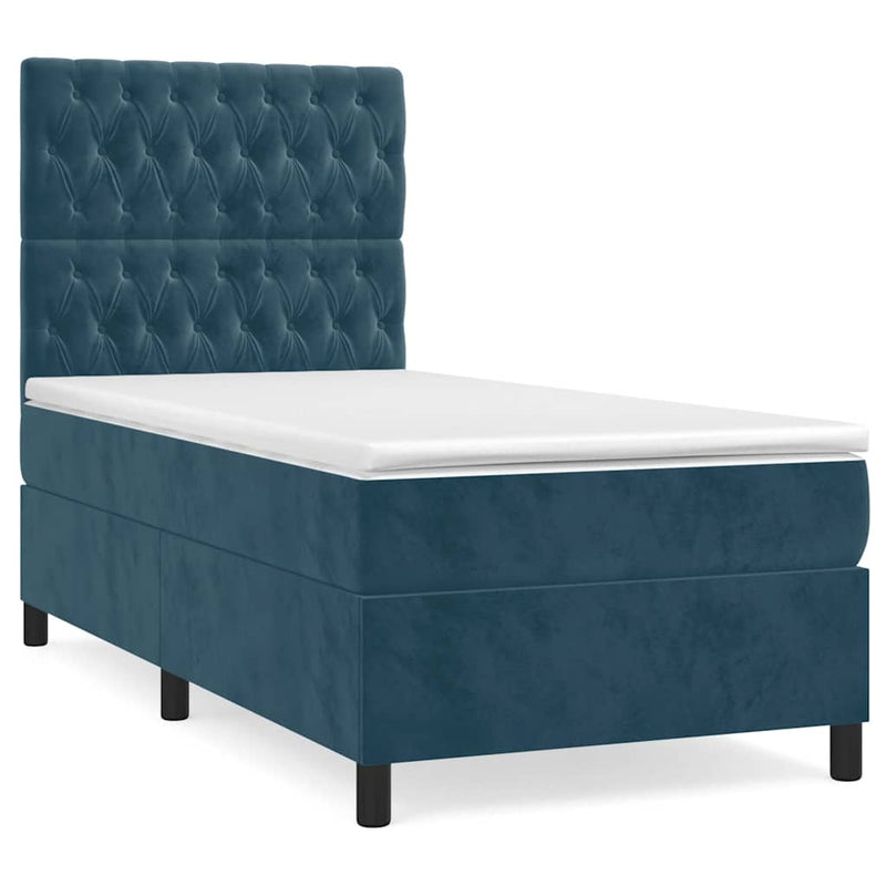 Pat box spring cu saltea, albastru închis, 90x200 cm, catifea