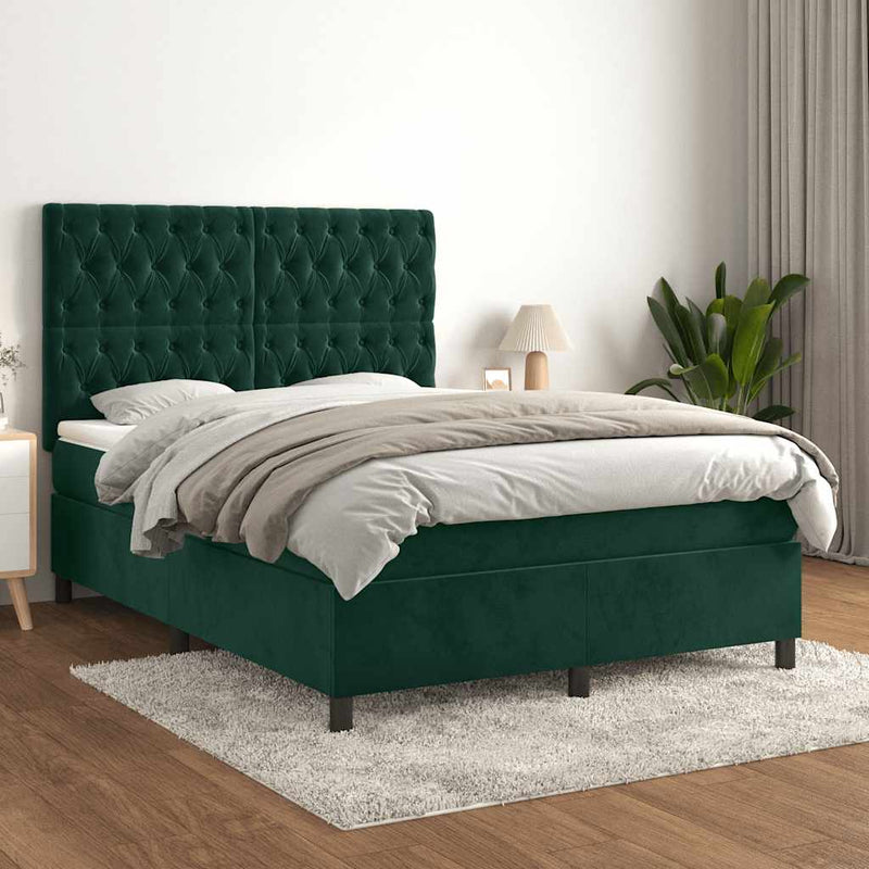 Pat box spring cu saltea, verde închis, 140x190 cm, catifea