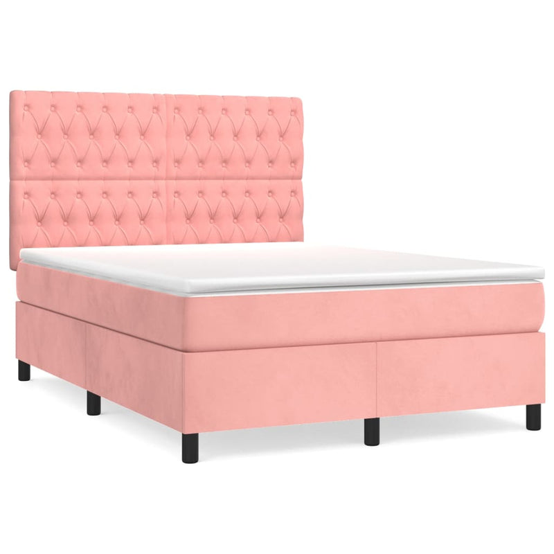 Pat box spring cu saltea, roz, 140x190 cm, catifea