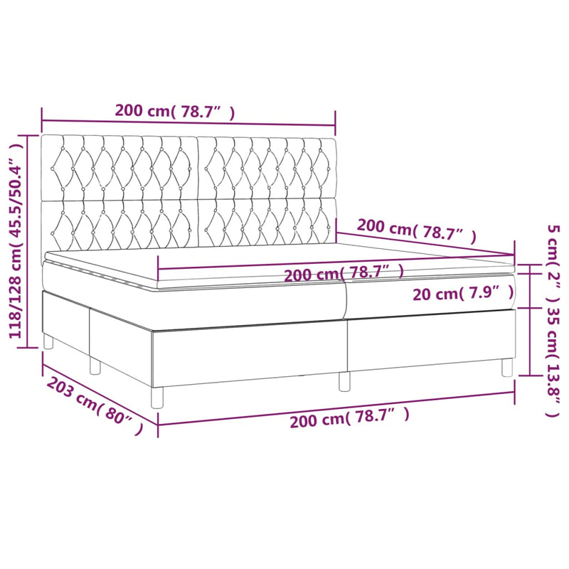 Pat box spring cu saltea, gri închis, 200x200 cm, catifea