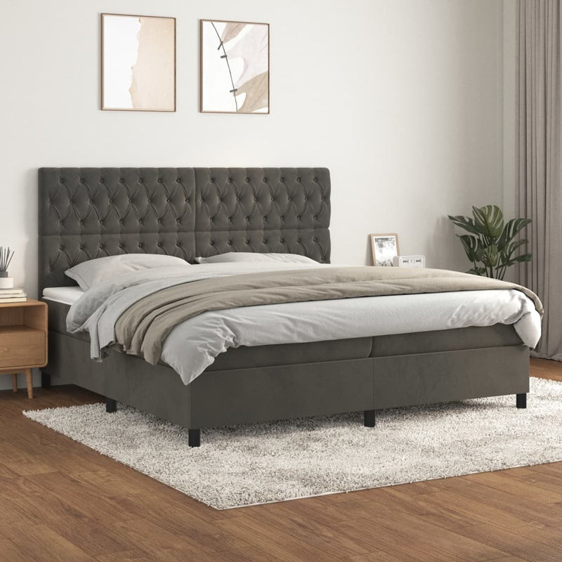 Pat box spring cu saltea, gri închis, 200x200 cm, catifea