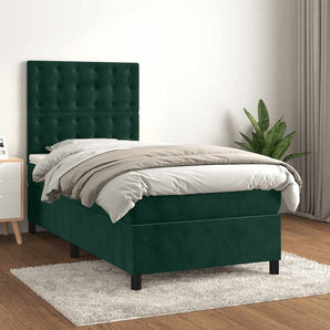 Pat box spring cu saltea, verde închis, 90x200 cm, catifea