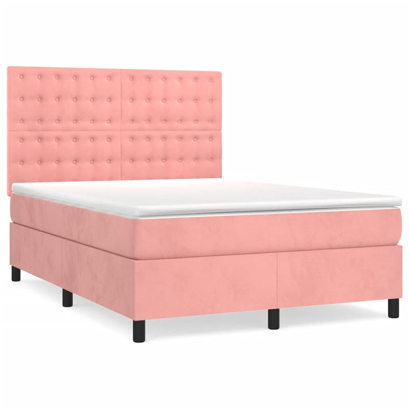 Pat box spring cu saltea, roz, 140x190 cm, catifea