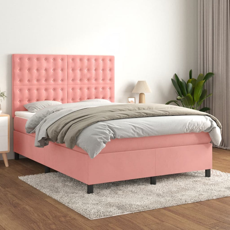 Pat box spring cu saltea, roz, 140x200 cm, catifea