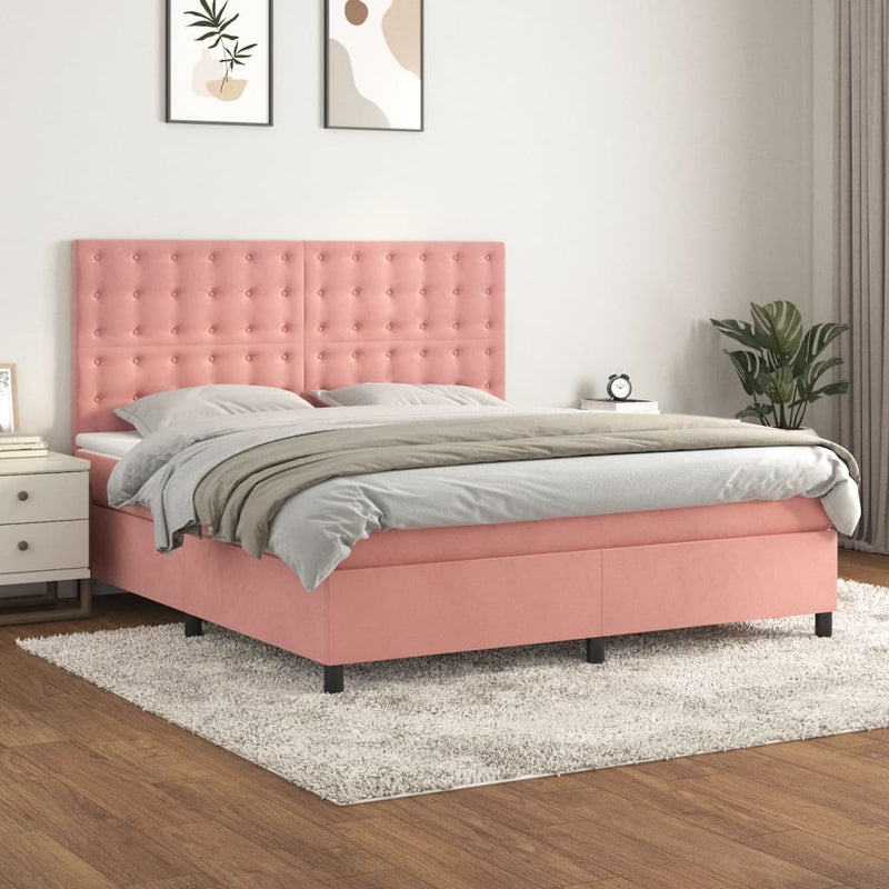 Pat box spring cu saltea, roz, 160x200 cm, catifea