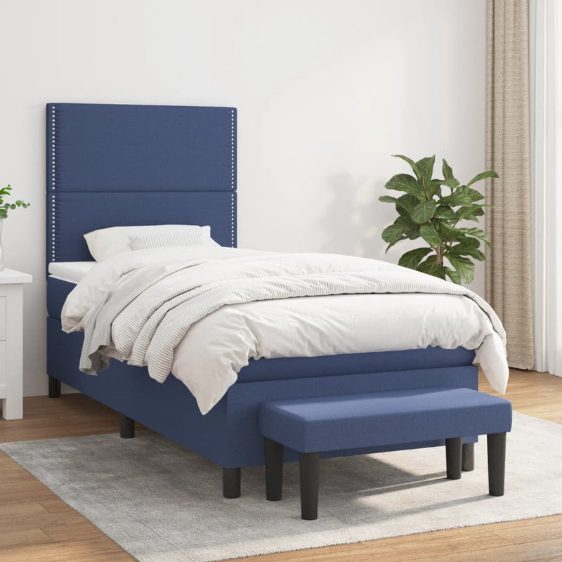 Pat box spring cu saltea, albastru, 90x200 cm, textil