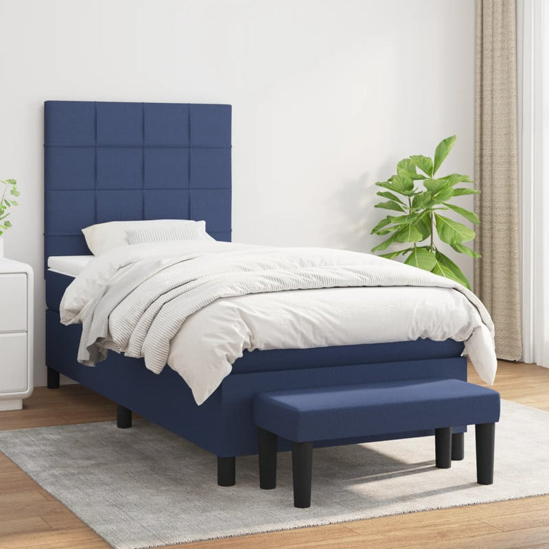 Pat box spring cu saltea, albastru, 90x200 cm, textil