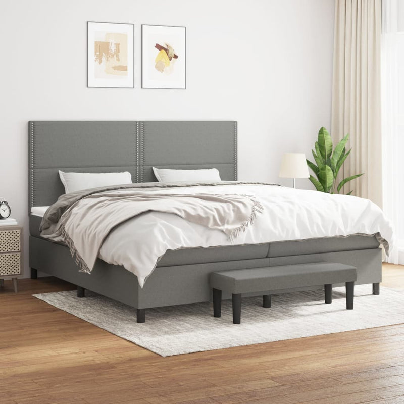Pat box spring cu saltea, gri închis, 200x200 cm, textil