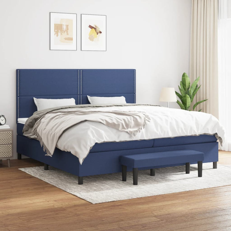 Pat box spring cu saltea, albastru, 200x200 cm, textil