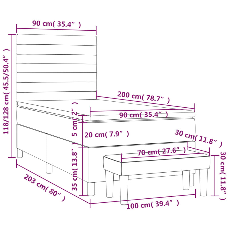 Pat box spring cu saltea, gri închis, 90x200 cm, textil