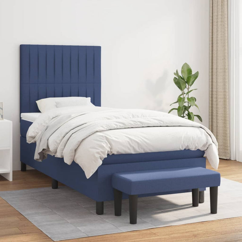 Pat box spring cu saltea, albastru, 90x190 cm, textil