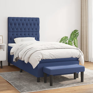 Pat box spring cu saltea, albastru, 90x190 cm, textil