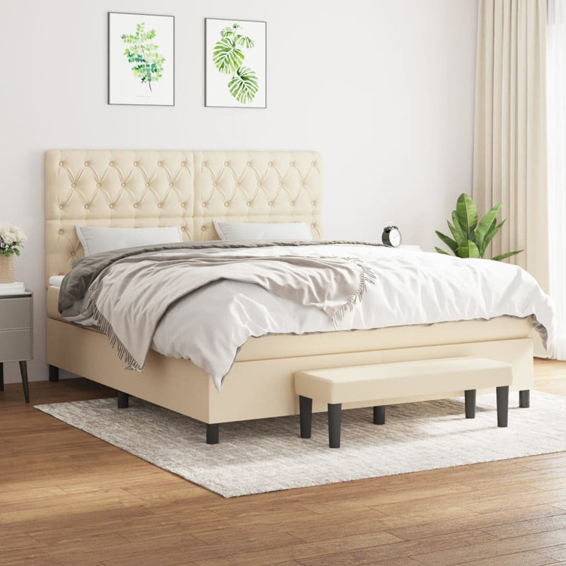 Pat box spring cu saltea, crem, 160x200 cm, material textil