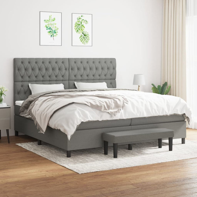 Pat box spring cu saltea, gri închis, 200x200 cm, textil