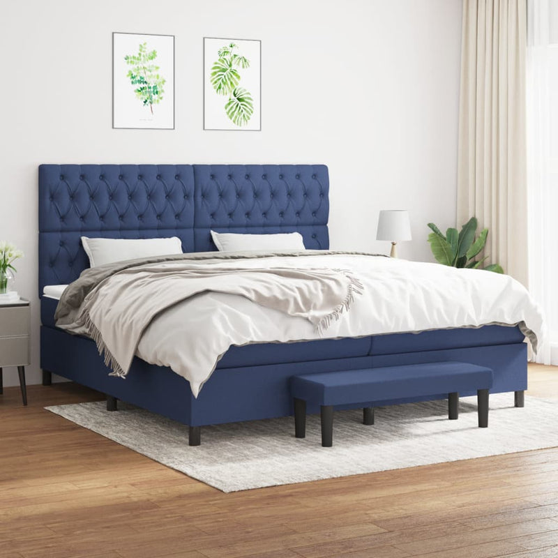 Pat box spring cu saltea, albastru, 200x200 cm, textil