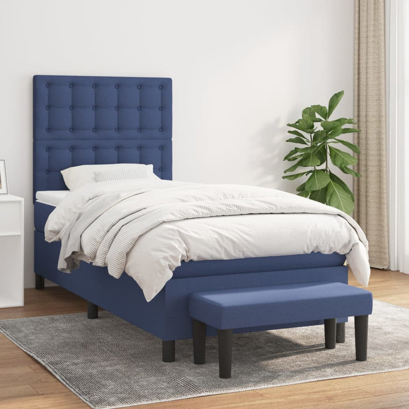 Pat box spring cu saltea, albastru, 90x200 cm, textil