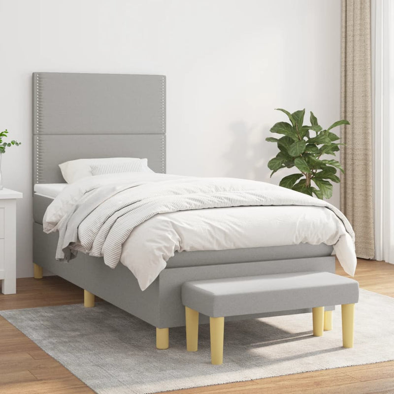 Pat box spring cu saltea, gri deschis, 90x190 cm, textil