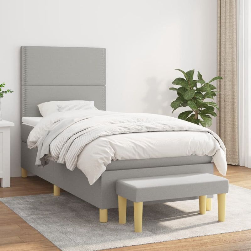 Pat box spring cu saltea, gri deschis, 90x200 cm, textil