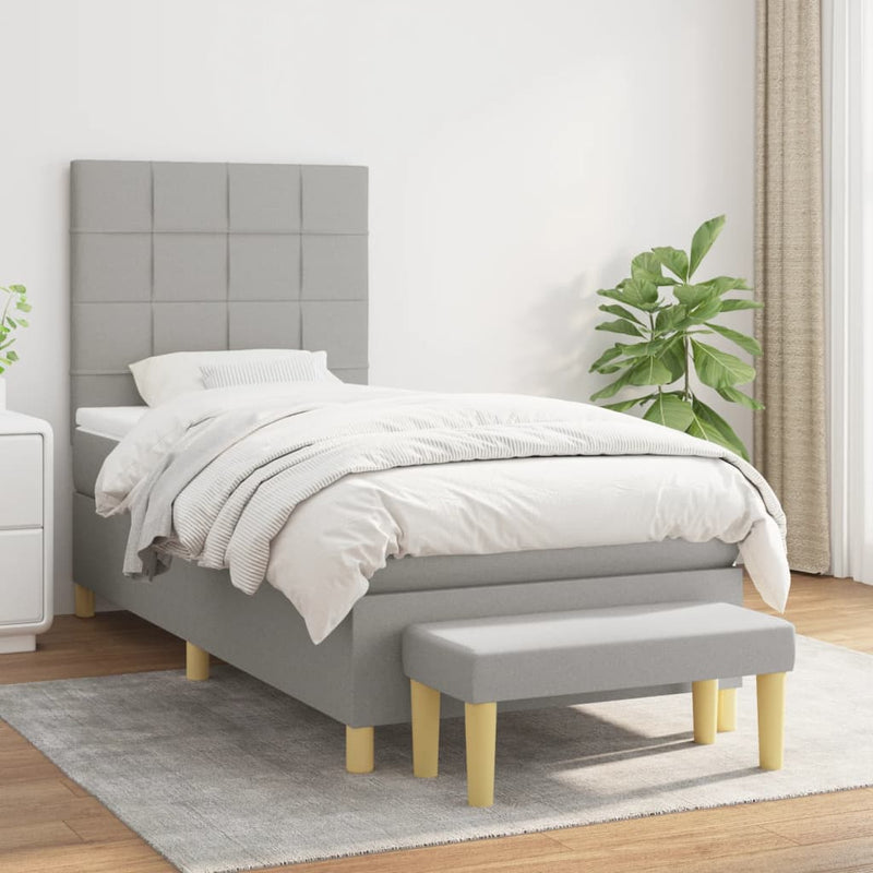 Pat box spring cu saltea, gri deschis, 90x190 cm, textil