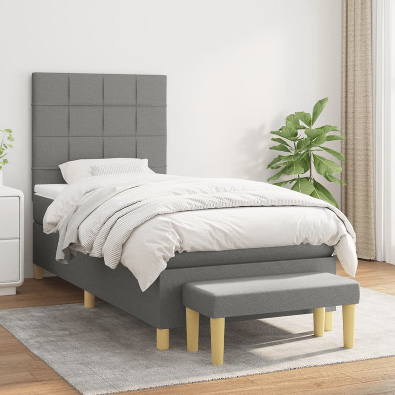 Pat box spring cu saltea, gri închis, 90x200 cm, textil