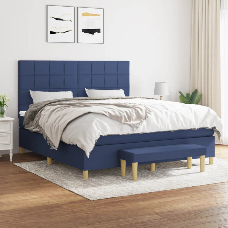 Pat continental cu saltea, albastru, 160x200cm, material textil