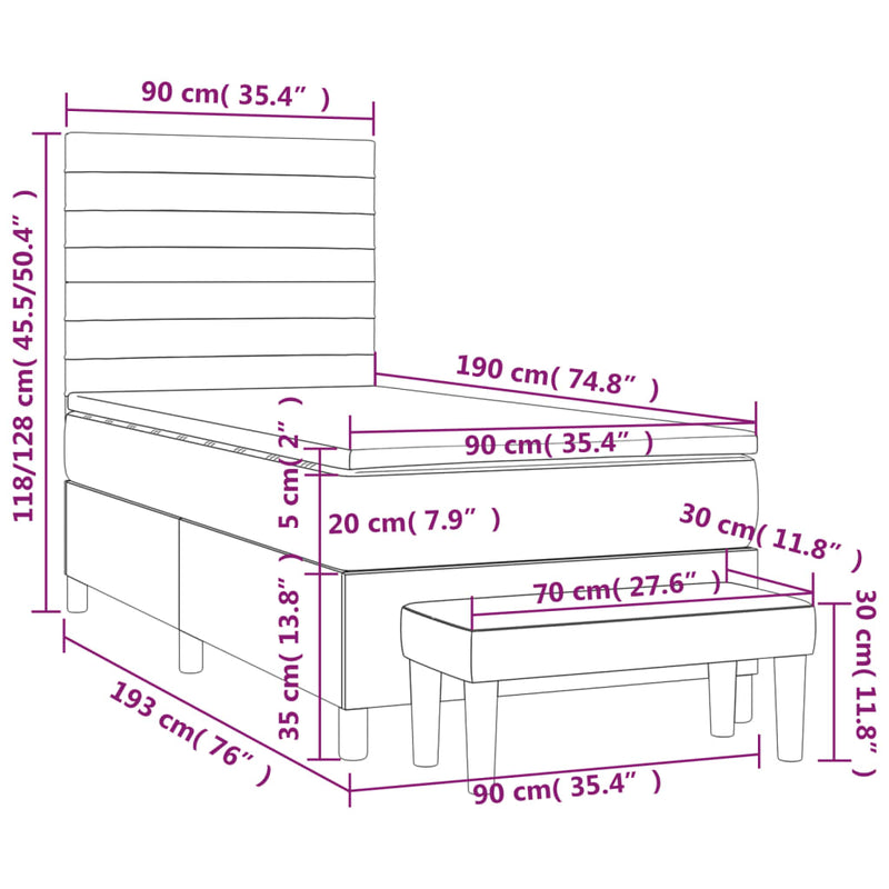 Pat box spring cu saltea, crem, 90x190 cm, textil