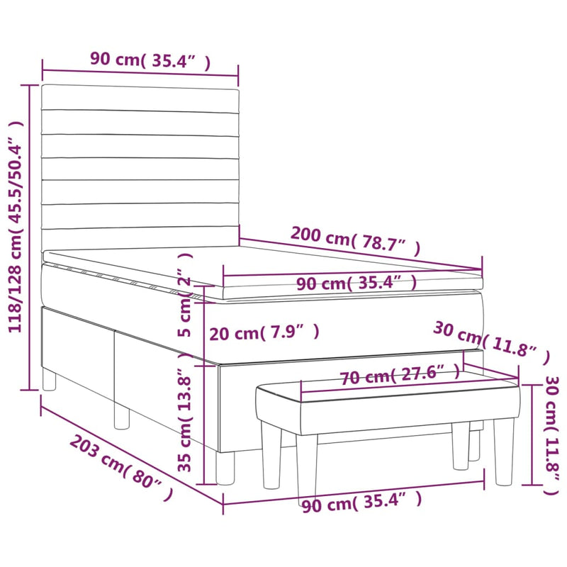 Pat box spring cu saltea, gri închis, 90x200 cm, textil