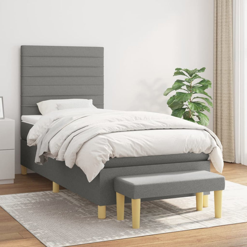 Pat box spring cu saltea, gri închis, 90x200 cm, textil