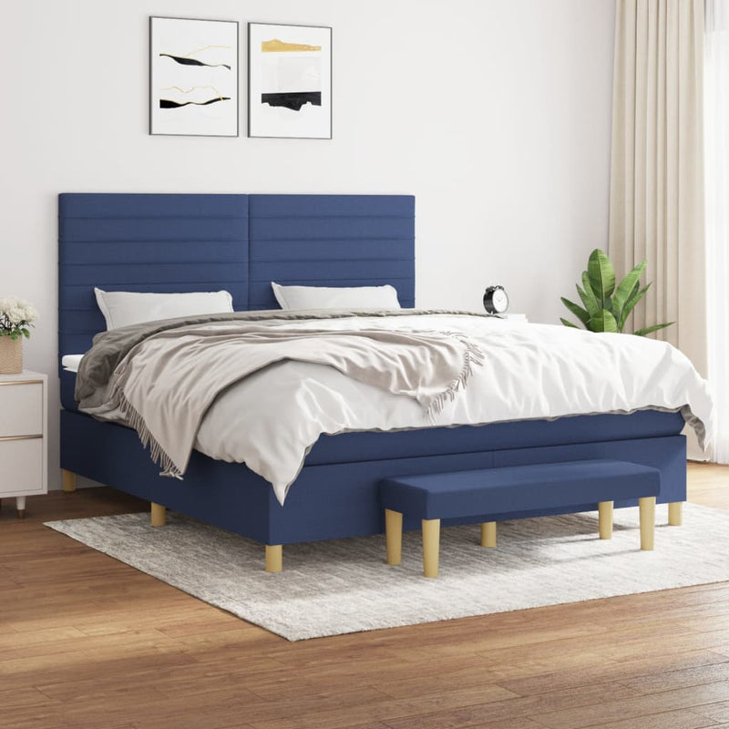 Pat continental cu saltea, albastru, 160x200cm, material textil
