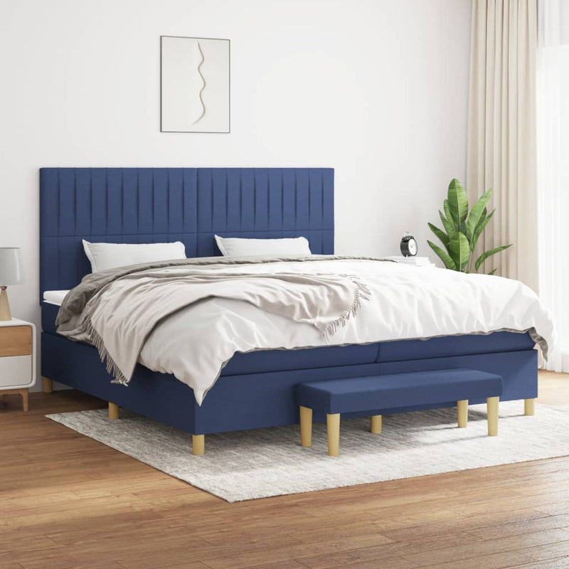 Pat box spring cu saltea, albastru, 200x200 cm, textil