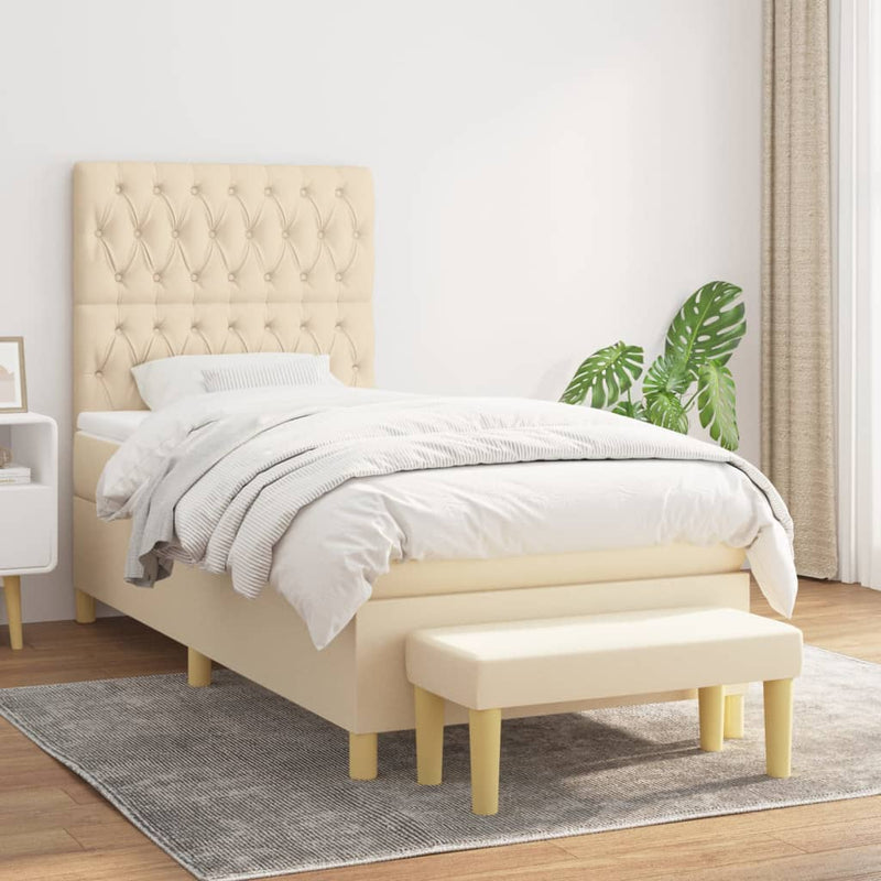 Pat box spring cu saltea, crem, 90x200 cm, textil
