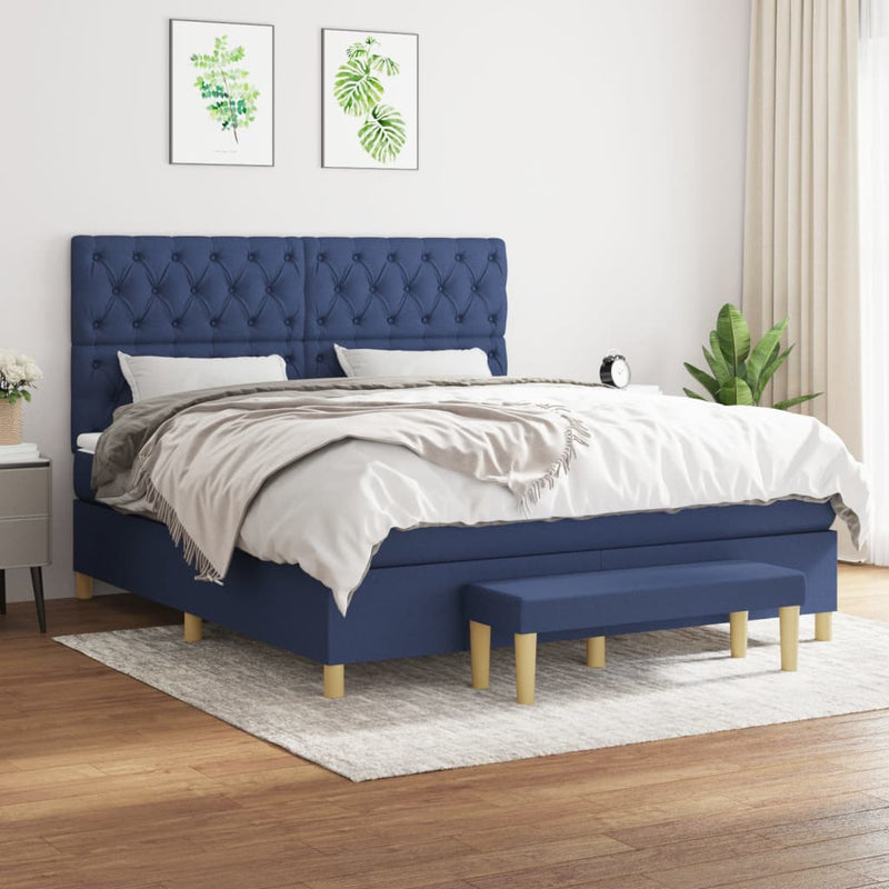 Pat continental cu saltea, albastru, 160x200cm, material textil