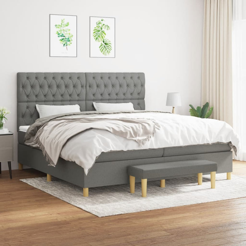 Pat box spring cu saltea, gri închis, 200x200 cm, textil