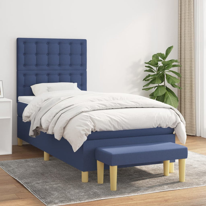 Pat box spring cu saltea, albastru, 90x190 cm, textil