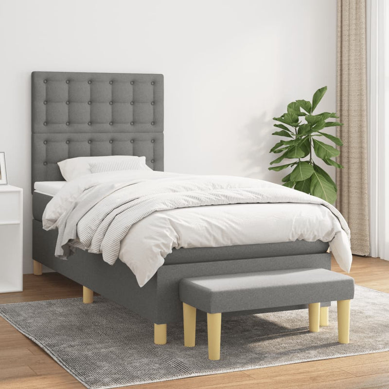 Pat box spring cu saltea, gri închis, 90x200 cm, textil