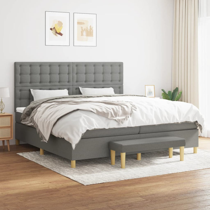 Pat box spring cu saltea, gri închis, 200x200 cm, textil