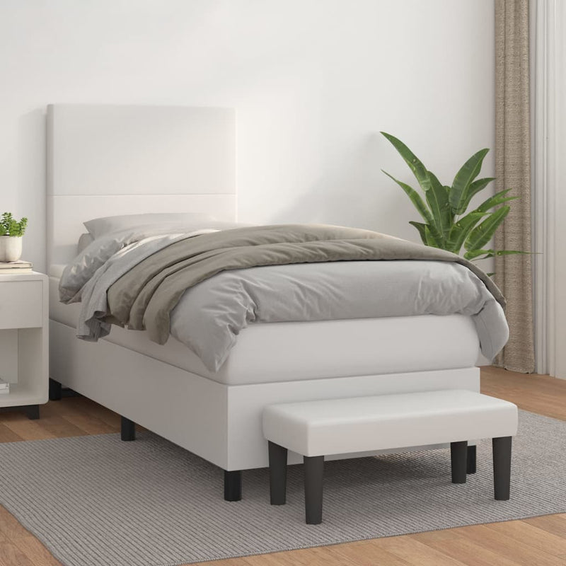 Pat box spring cu saltea, alb, 90x190 cm, piele ecologică