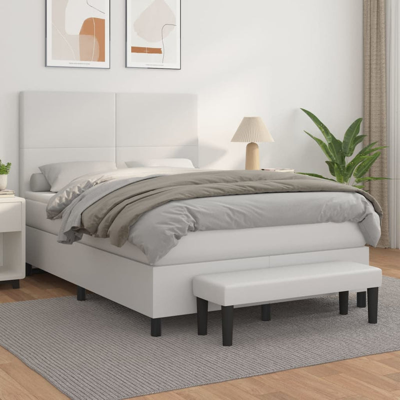 Pat box spring cu saltea, alb, 140x190 cm, piele ecologică