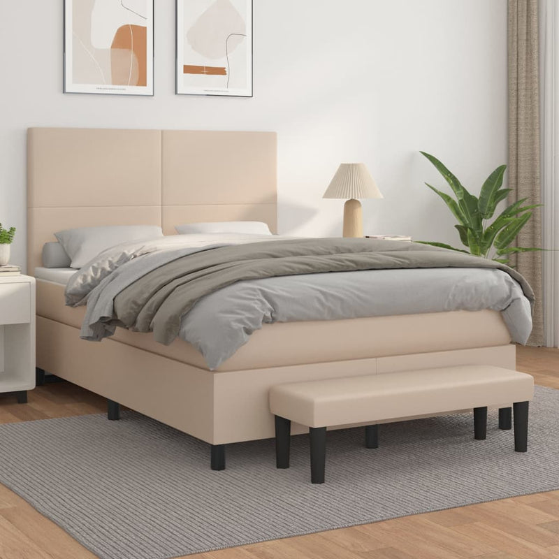 Pat box spring cu saltea, cappuccino, 140x190cm piele ecologică