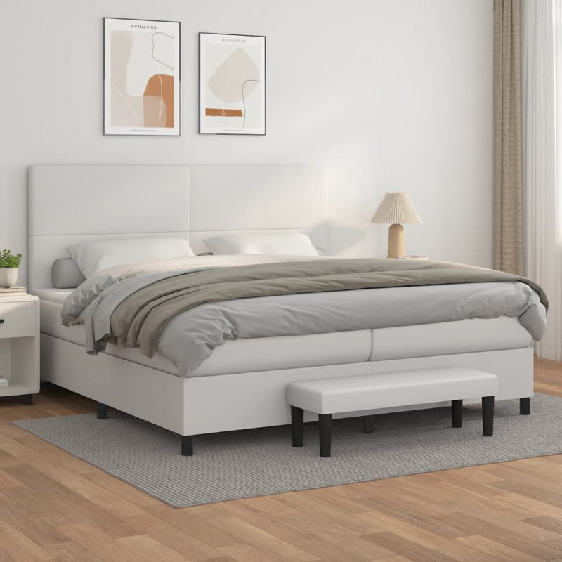 Pat box spring cu saltea, alb, 200x200 cm, piele ecologică