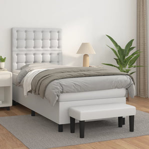 Pat box spring cu saltea, alb, 90x200 cm, piele ecologică
