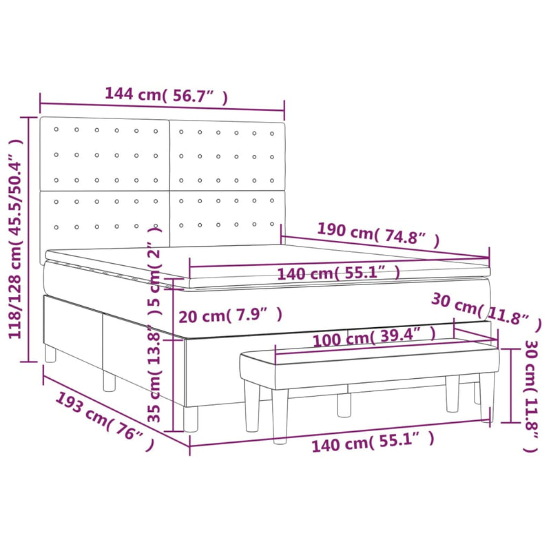 Pat box spring cu saltea, alb, 140x190 cm, piele ecologică