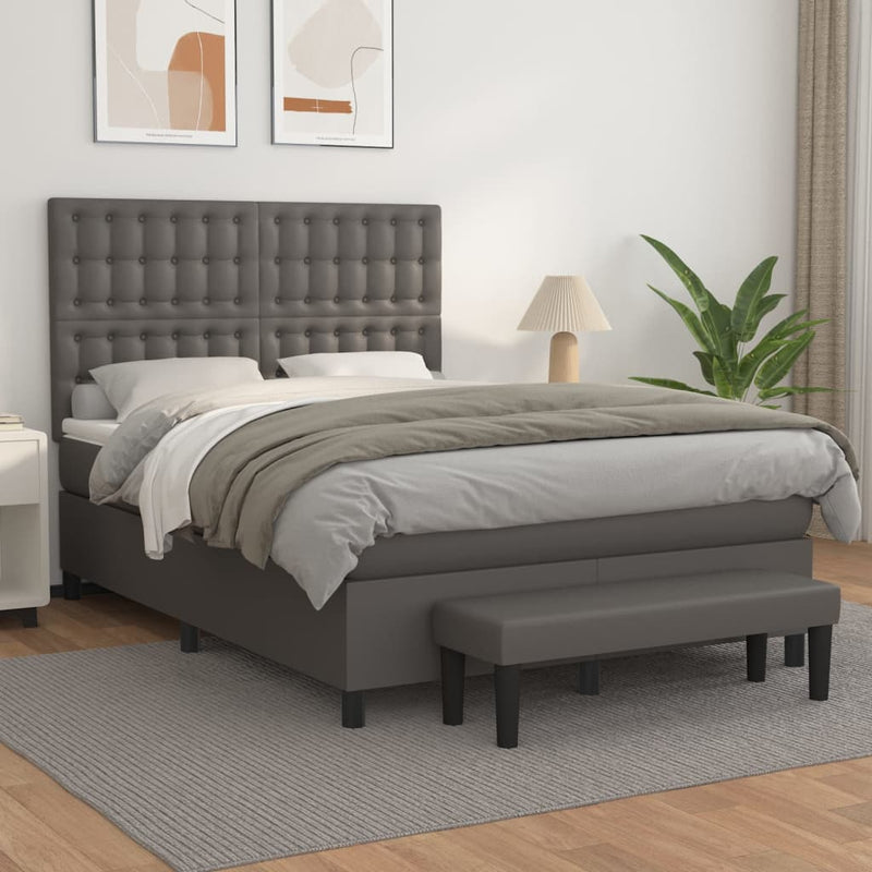 Pat box spring cu saltea, gri, 140x190 cm, piele ecologică