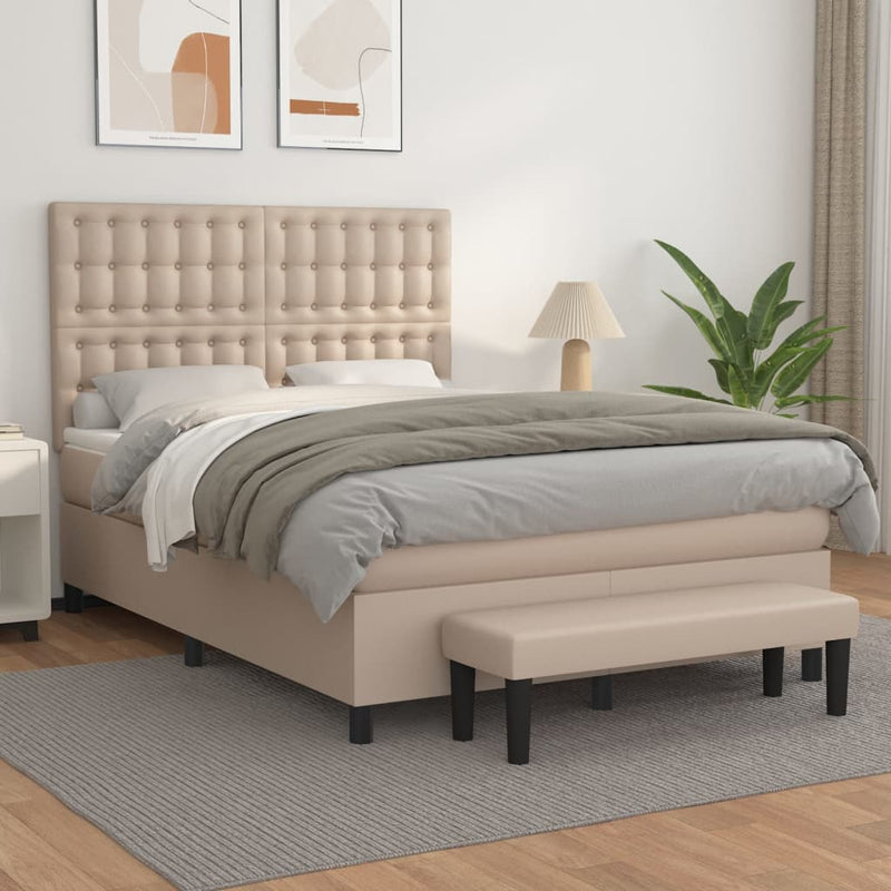 Pat box spring cu saltea, cappuccino, 140x190cm piele ecologică