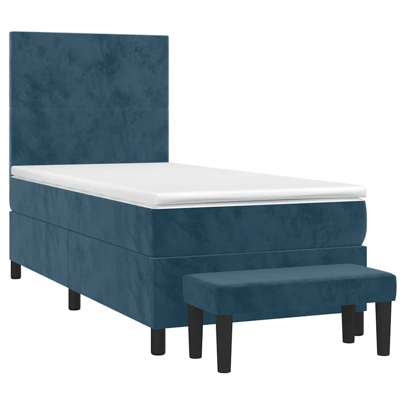 Pat box spring cu saltea, albastru închis, 90x190 cm, catifea