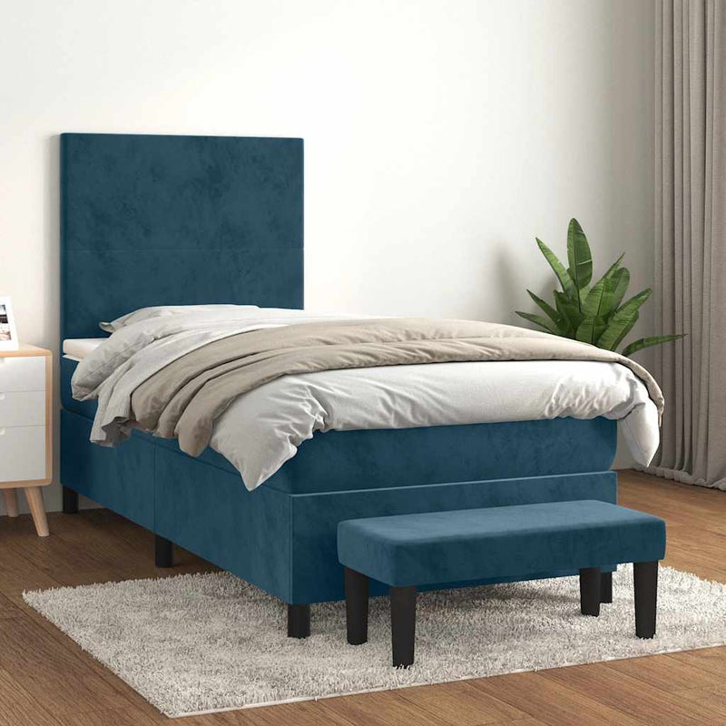 Pat box spring cu saltea, albastru închis, 90x190 cm, catifea