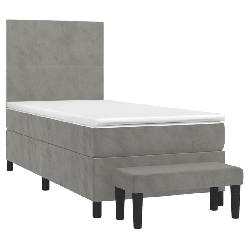 Pat box spring cu saltea, gri deschis, 90x200 cm, catifea