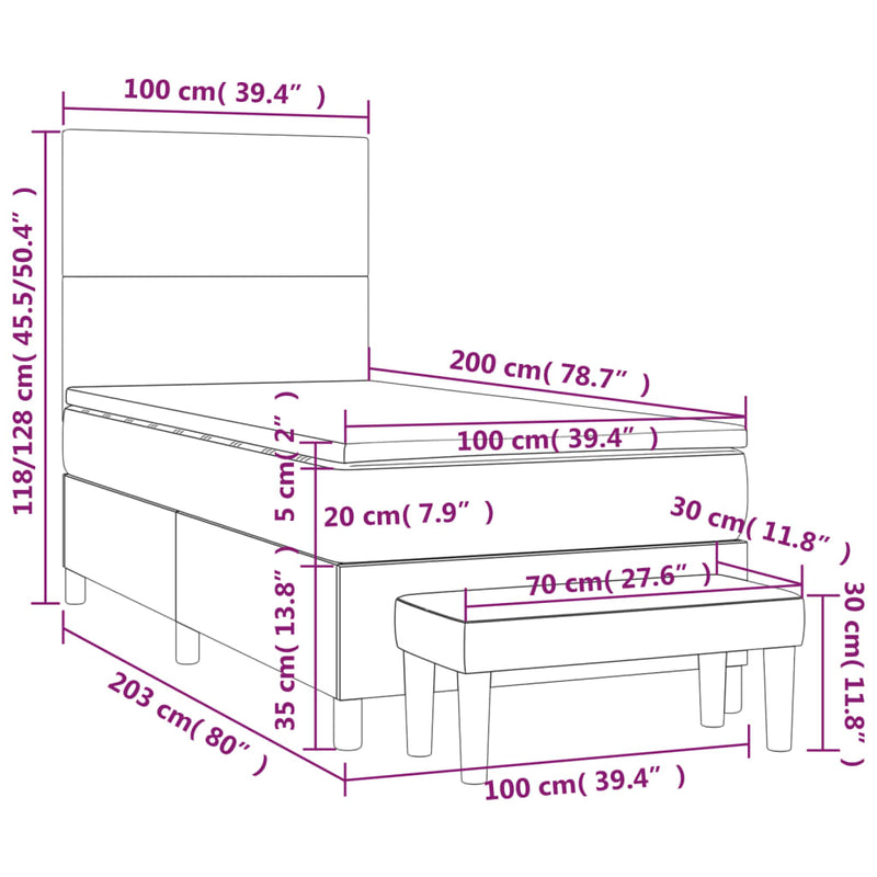 Pat box spring cu saltea, gri închis, 100x200 cm, catifea