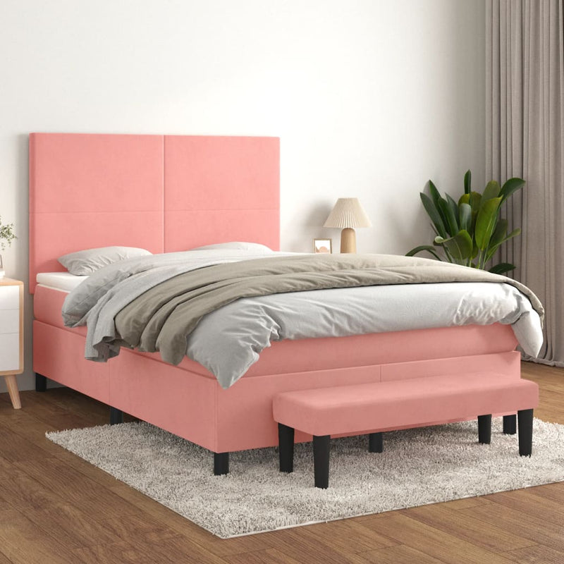 Pat box spring cu saltea, roz, 140x200 cm, catifea