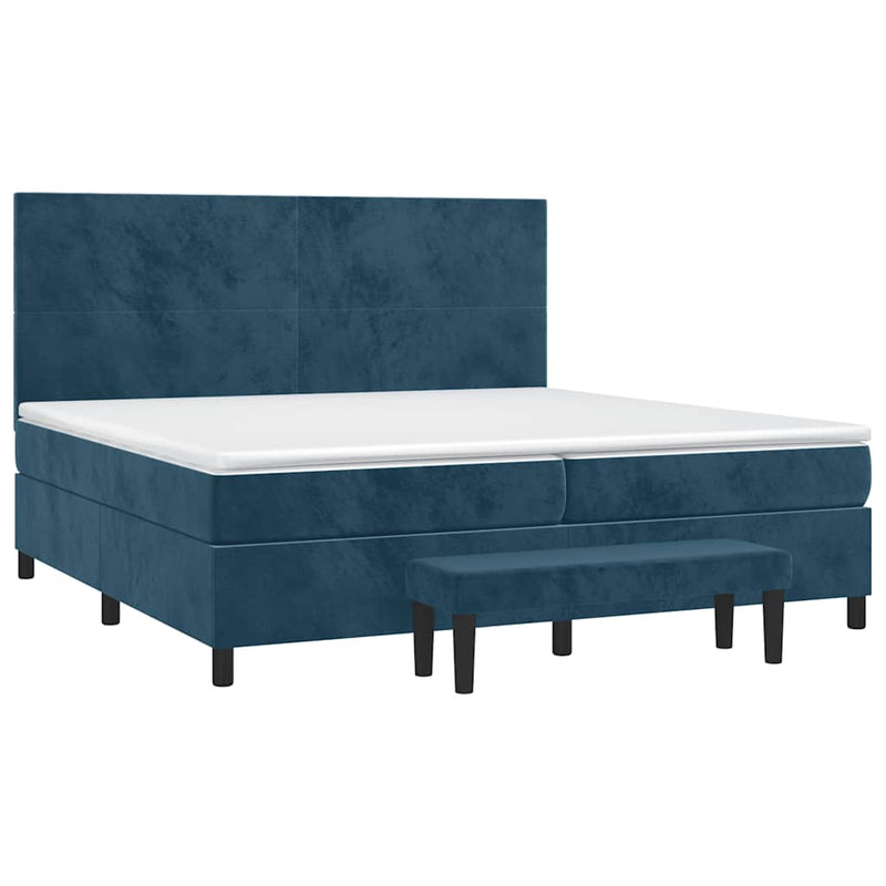 Pat box spring cu saltea, albastru închis, 200x200 cm, catifea